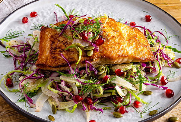 Salmon with Brussels Sprout Red Cabbage & Fennel Slaw